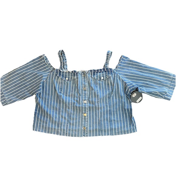 one 5 one Tops - One5One Denim Stripe Cold Shoulder Cropped Top 3X Y2K Revival Western Rodeo Chic